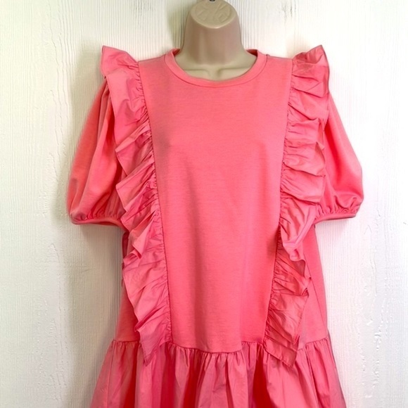 English Factory - Pink Puff Sleeve Ruffle Detail Short Sleeve  Mini Dress Medium - Picture 6 of 12